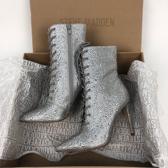 NWT Steve Madden Valency Crystal Embellished Lace Up Stiletto Heeled Ankle Boots - Picture 8 of 10